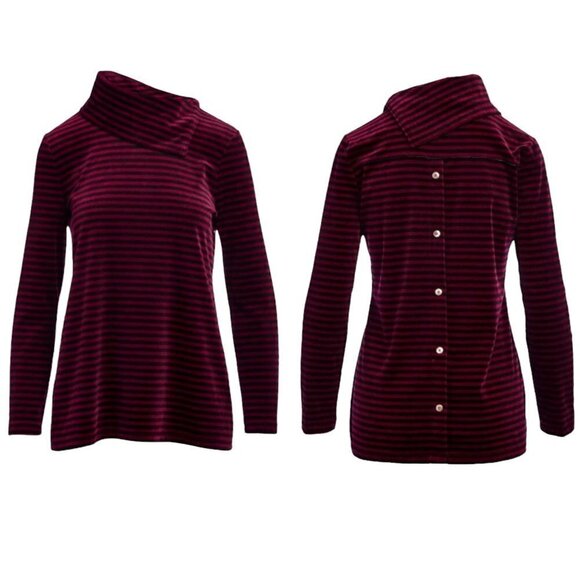 Talbots Women's Burgundy Stripe Velvet Long Sleeve Cowl-Neck Blouse Size XS - Picture 1 of 7